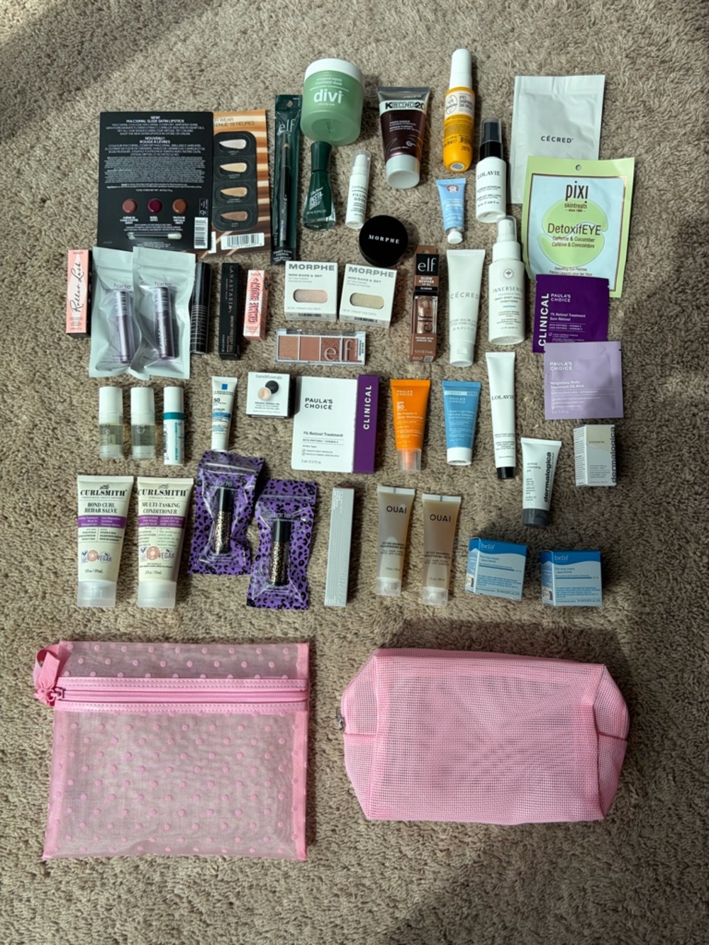 Assorted Beauty & Skincare Sample Lot With Pink Makeup Pouches